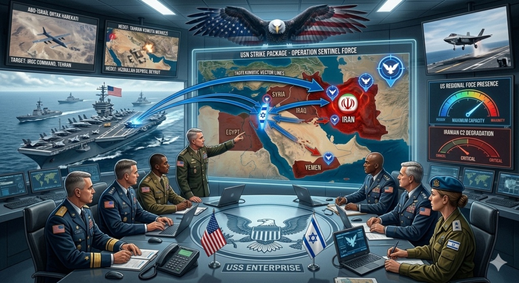 İsrail ve İran savaşı sembolik gösterimi, ABD kartalı müdahalesi ve Orta Doğu askeri gerilimi analizi.